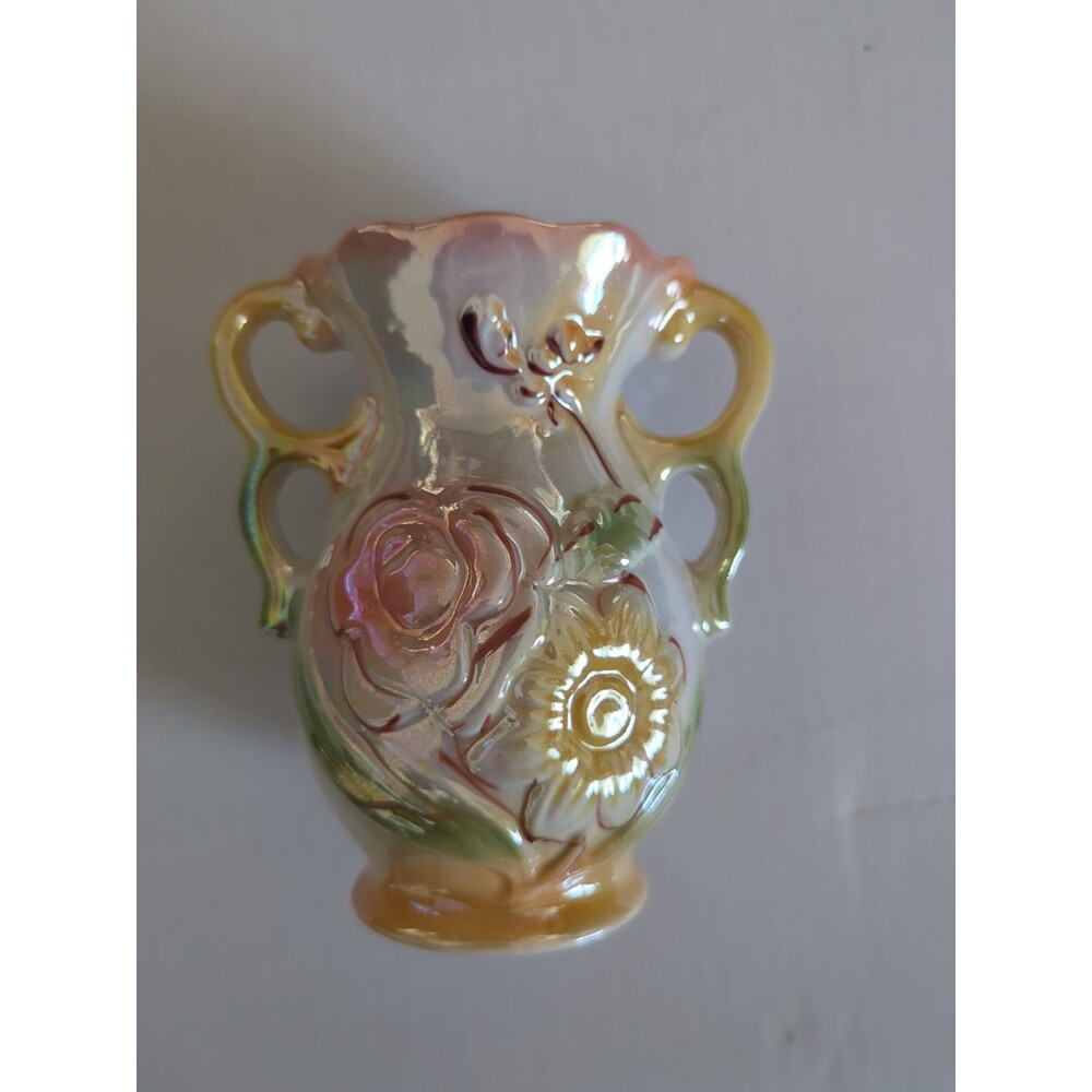 5 1/4" GLAZED CERAMIC FLOWER VASE MADE IN BRASIL PINK, GREEN, YELLOW,& BURG.#421